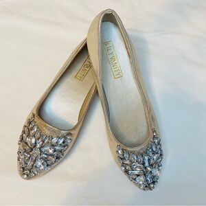 Lily Vanity Shimmering Gold Flats with Crystal Accents | Size:40